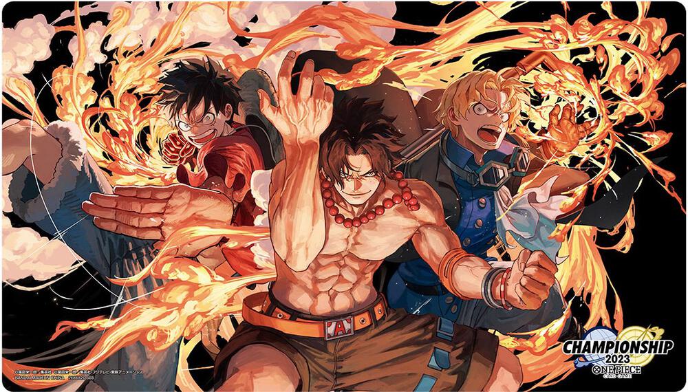 Animated characters in a dynamic pose with flames, featuring a prominent character in the center.