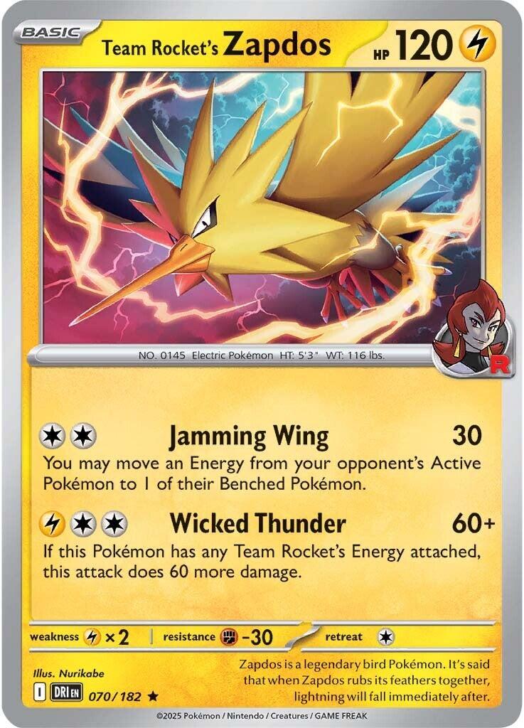 zapdos rare card Team Rocket's Zapdos [DRI - 070/182 - Rare]