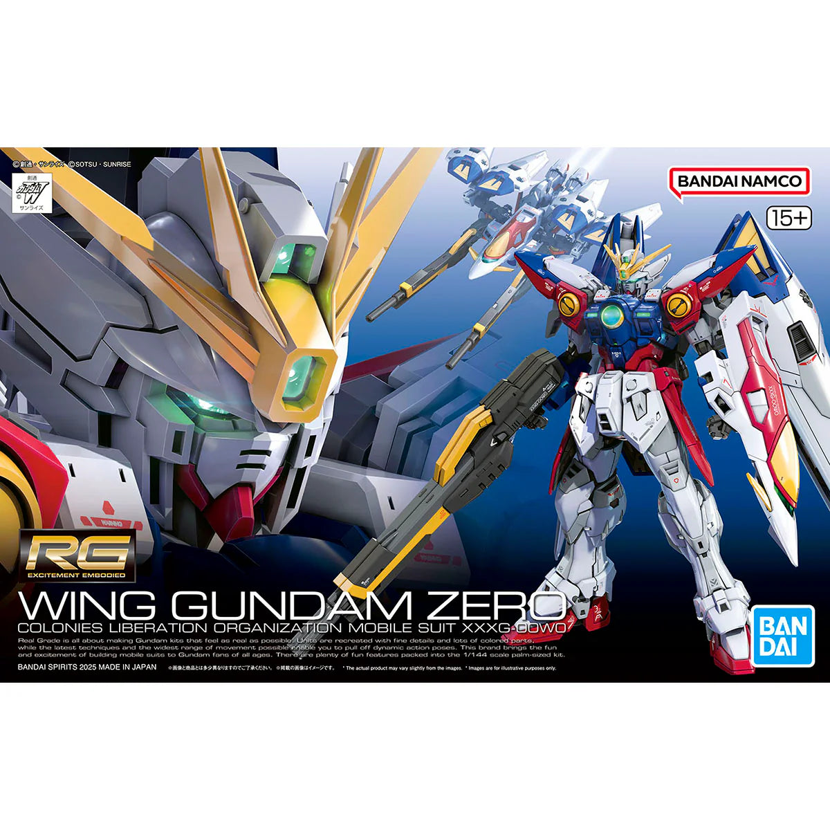 Model kit of Wing Gundam Zero with Bandai logo on a blue background