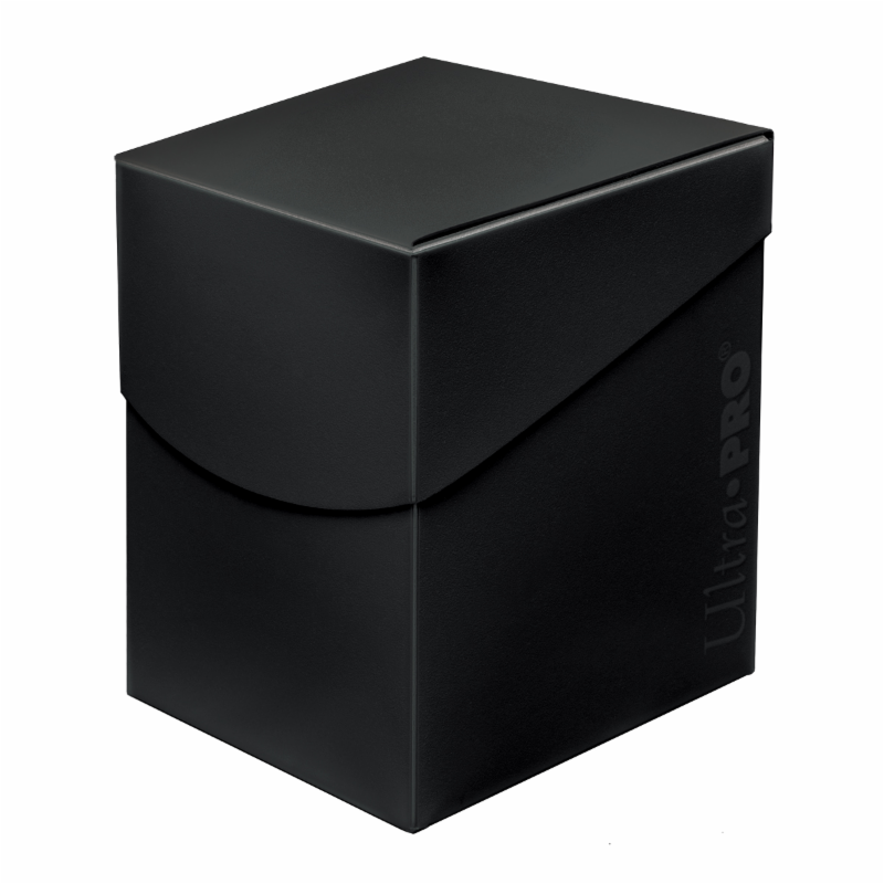 Black card deck box with a brand logo on a white background