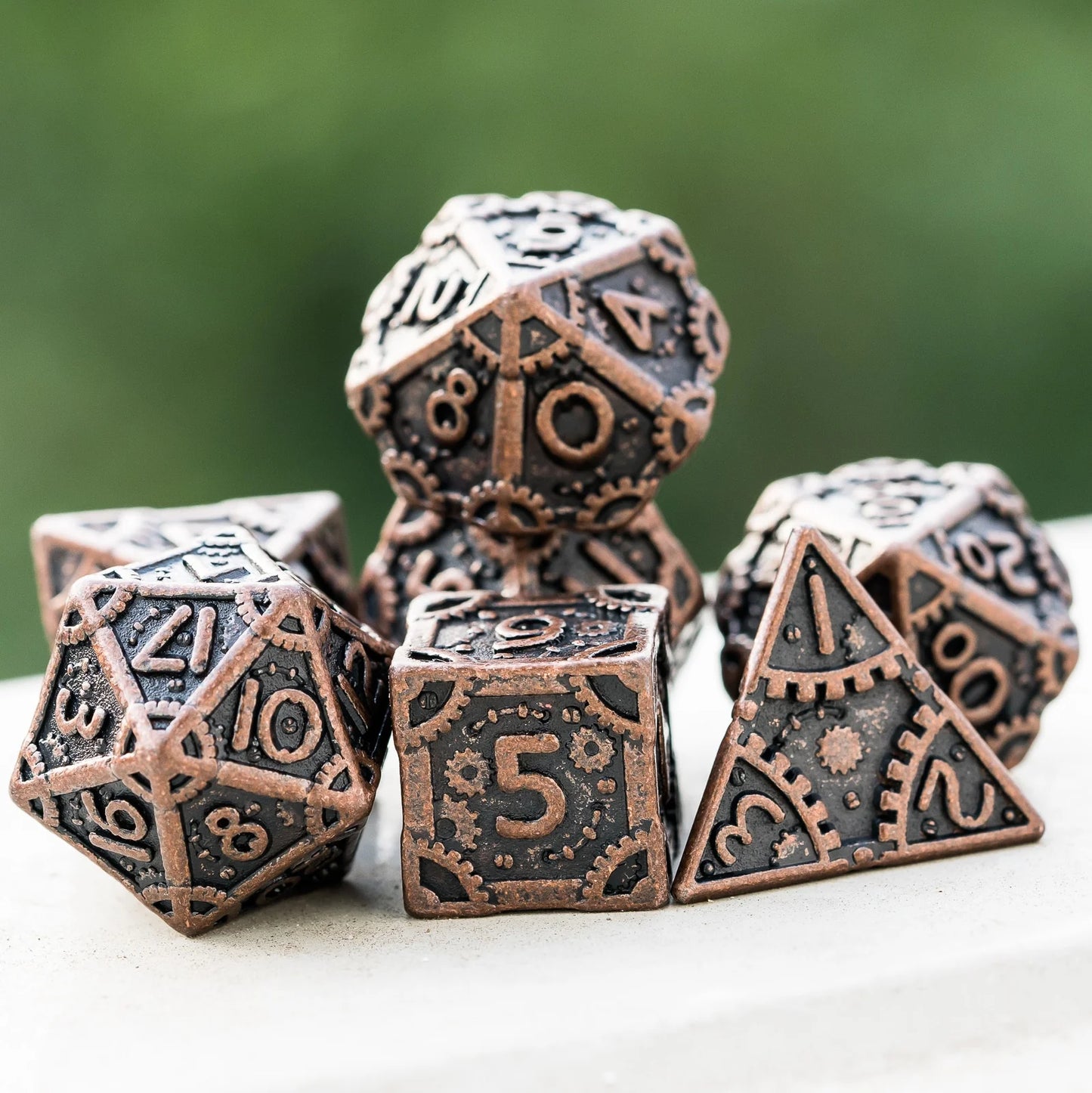 Metal Steampunk Style 7 Piece Polyhedral Dice Set With Bag
