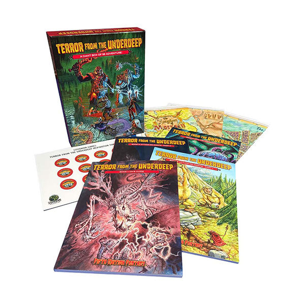 Collection of 'Terror from the Underdeep' books and accessories on a white background