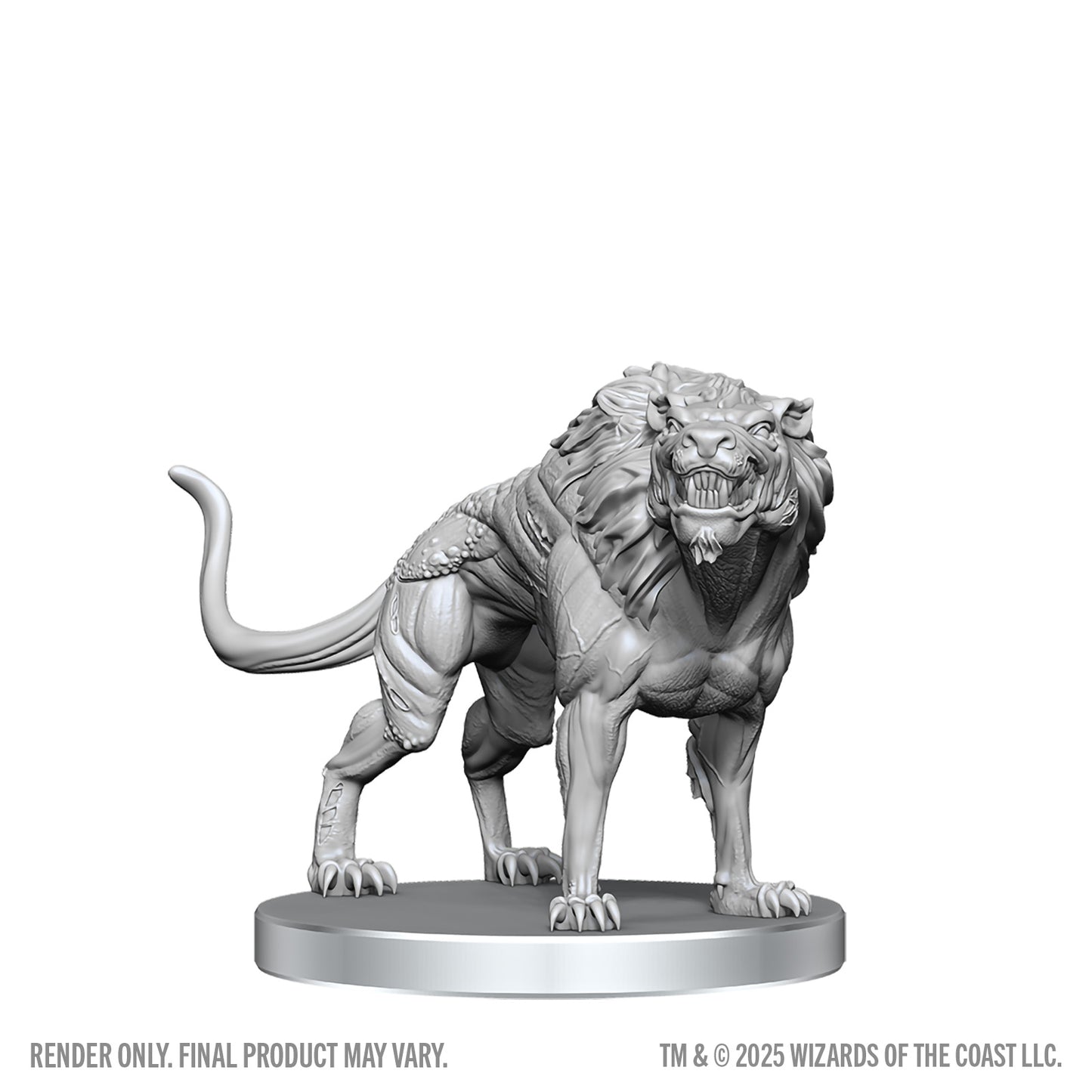 Unpainted lion figurine on a white background with 'Wizards of the Coast' branding.