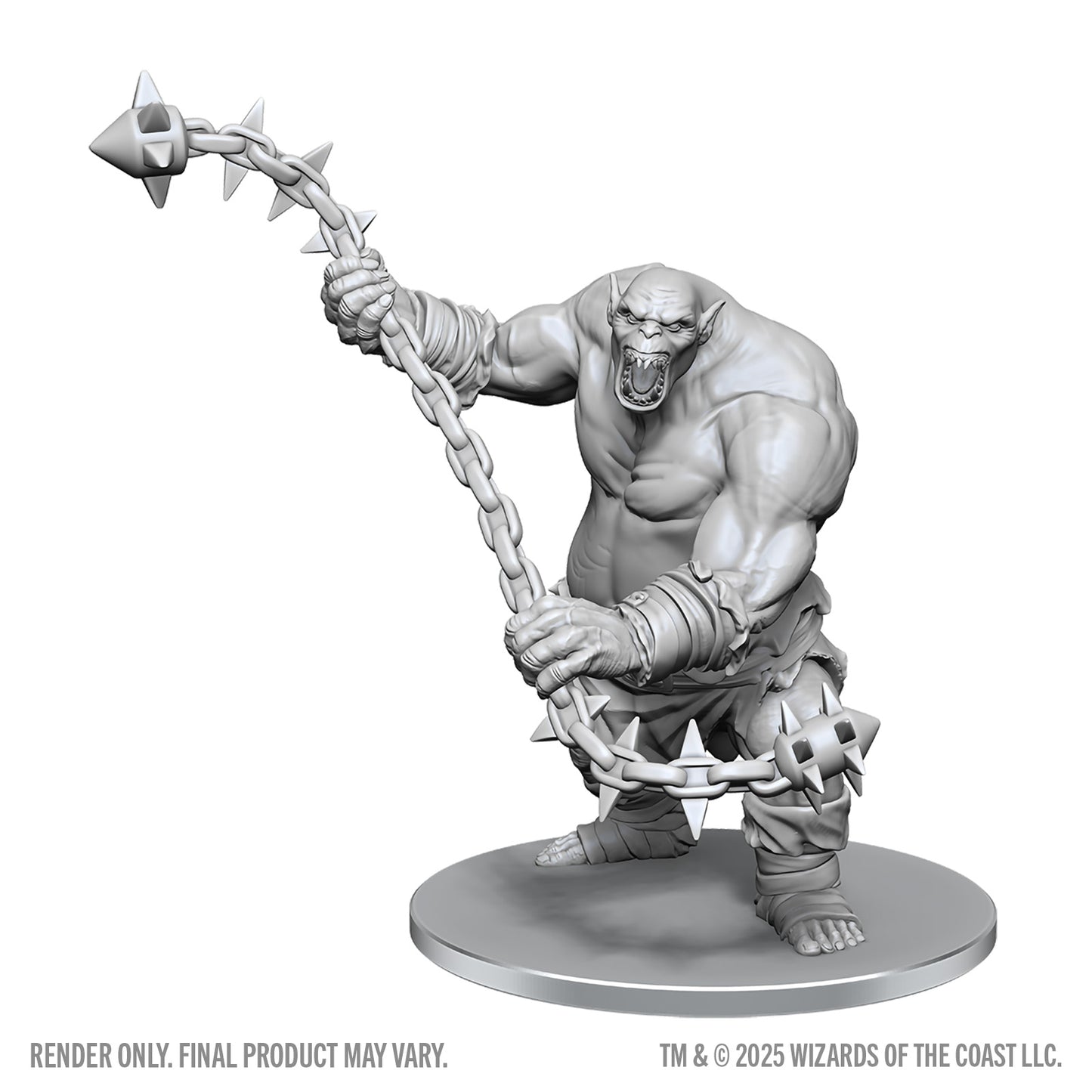 Unpainted fantasy miniature of a creature holding a weapon on a white background