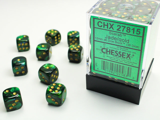 chessex d6 scarab dice set 12mm jade gold