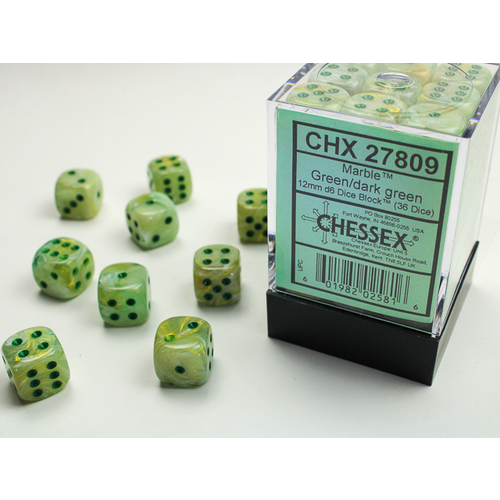 chessex d6 marble dice set 12mm green dark green