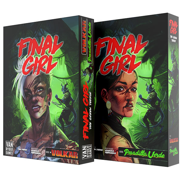 Two boxes of 'Final Girl' game with green and black design featuring characters and text.