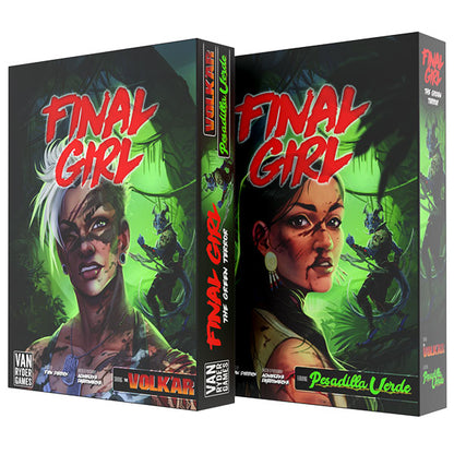 Two boxes of 'Final Girl' game with green and black design featuring characters and text.