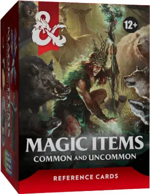 A boxed card product titled "Magic Items Common and Uncommon Reference Cards" with an illustrated fantasy scene showing a warrior surrounded by animals. The box has a red and black design with a white &G logo and a 12+ badge.