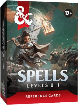 Box cover for D&D 5e 'Spells Levels 0-1 Reference Cards' featuring fantasy artwork of an armored warrior with a glowing staff, a red D&D ampersand logo, and a black 12+ badge.