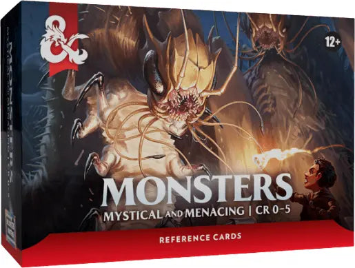 R&D Games 'Monsters: Mystical and Menacing' CR 0-5 Reference Cards box, featuring a dark fantasy illustration of a monstrous creature with tentacles and a small figure in the corner, with red accents on the box.