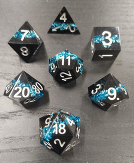 7 Piece Blue Glitter Resin Sharp Edged Polyhedral Dice Set