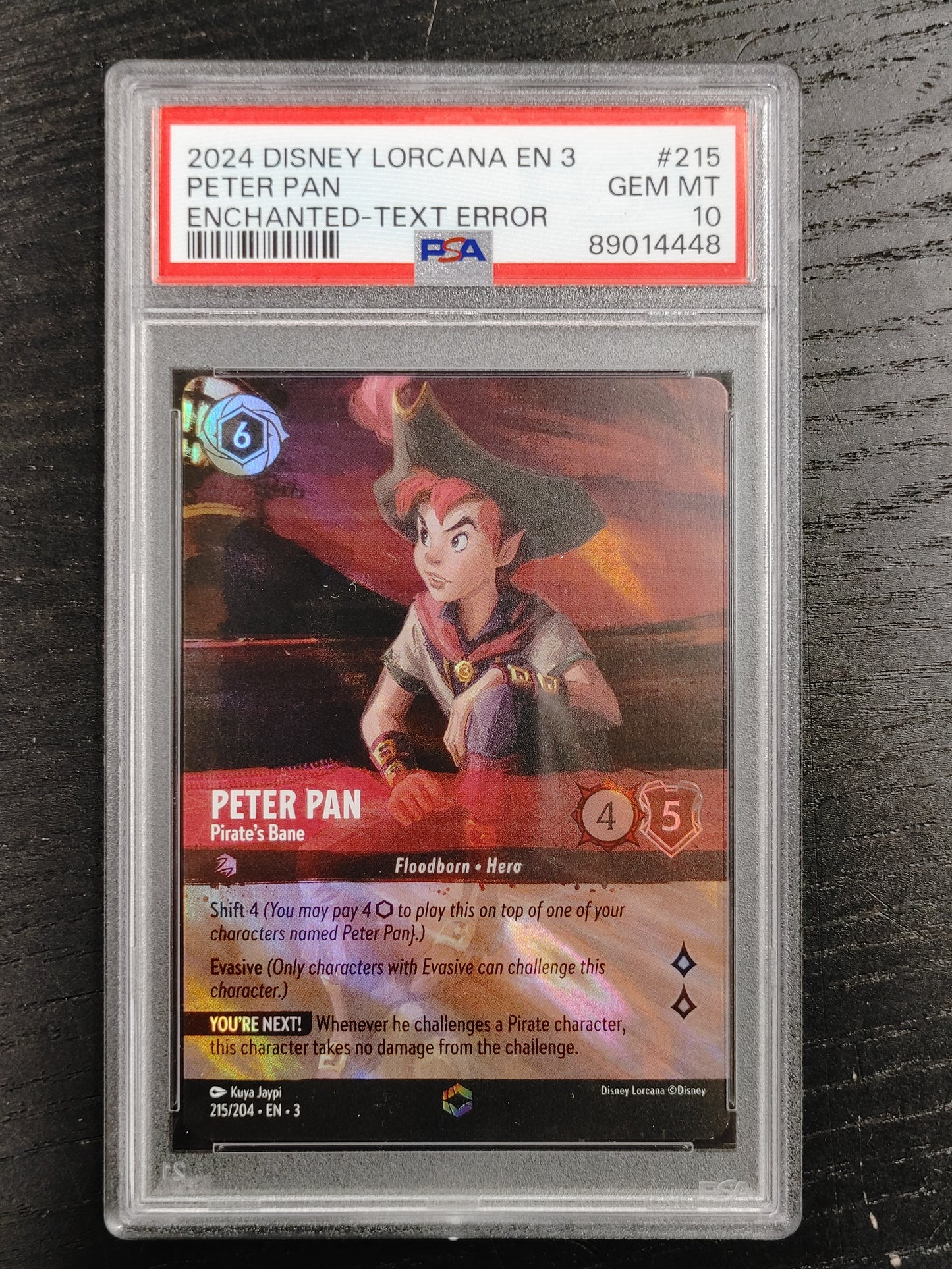 Lorcana Peter Pan # 215 Text Error PSA Gem Mint 10 Graded