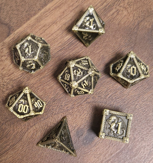 Solid Metal Dragon Themed Polyhedral Set Of Dice
