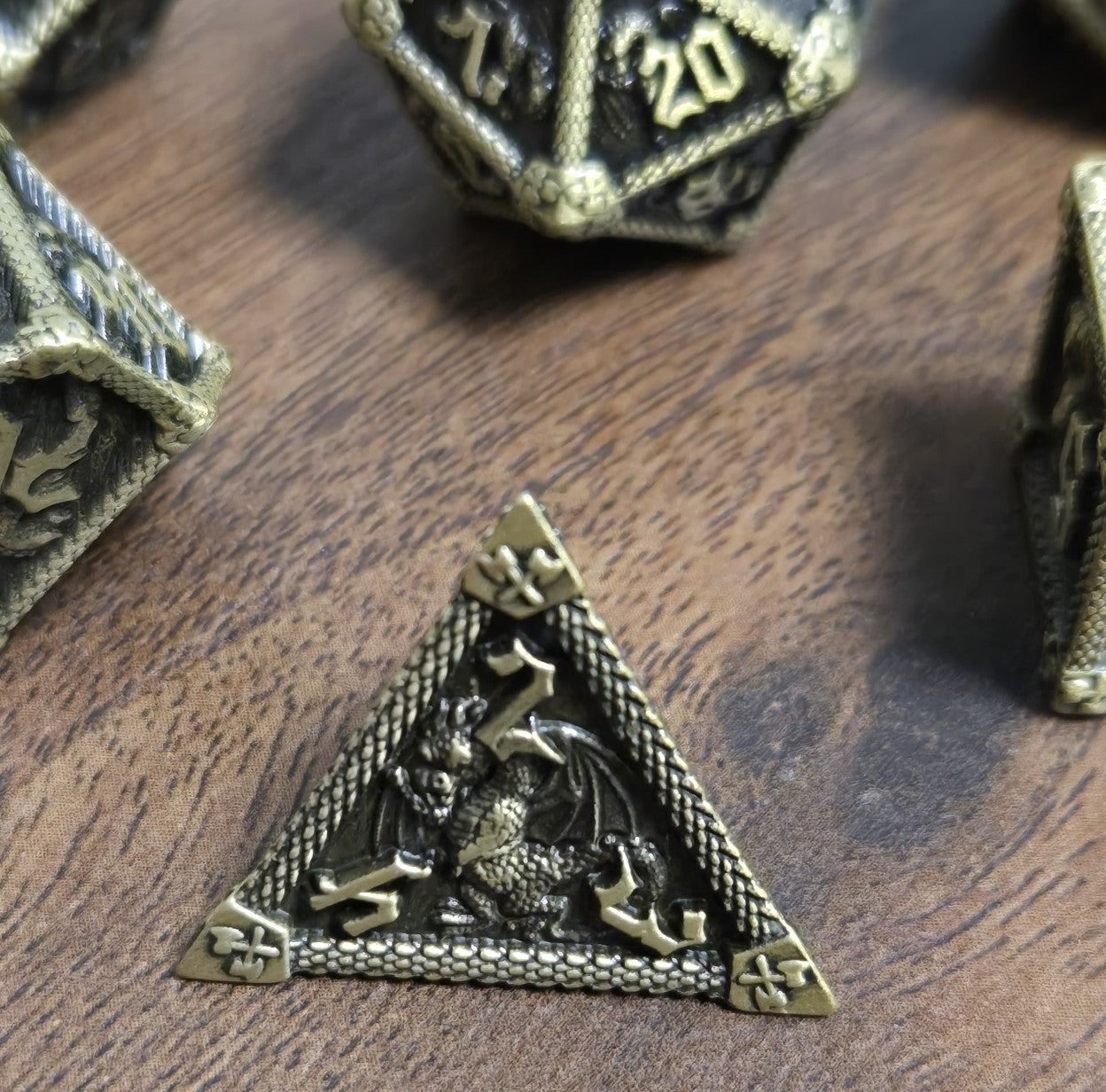 Solid Metal Dragon Themed Polyhedral Set Of Dice
