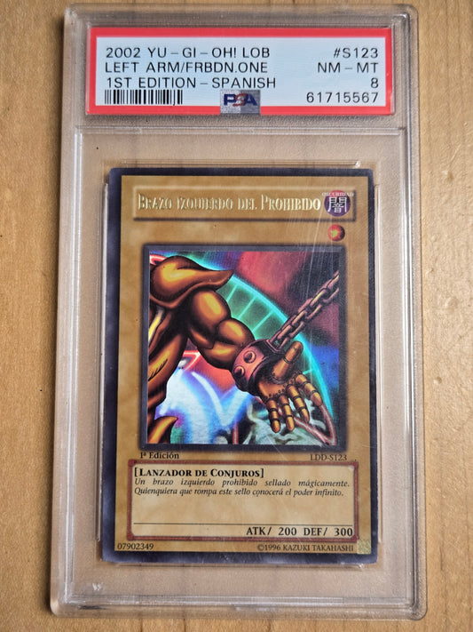 Spanish - YuGiOh Left Arm Forbidden One # S123 - LOB - Graded PSA 8
