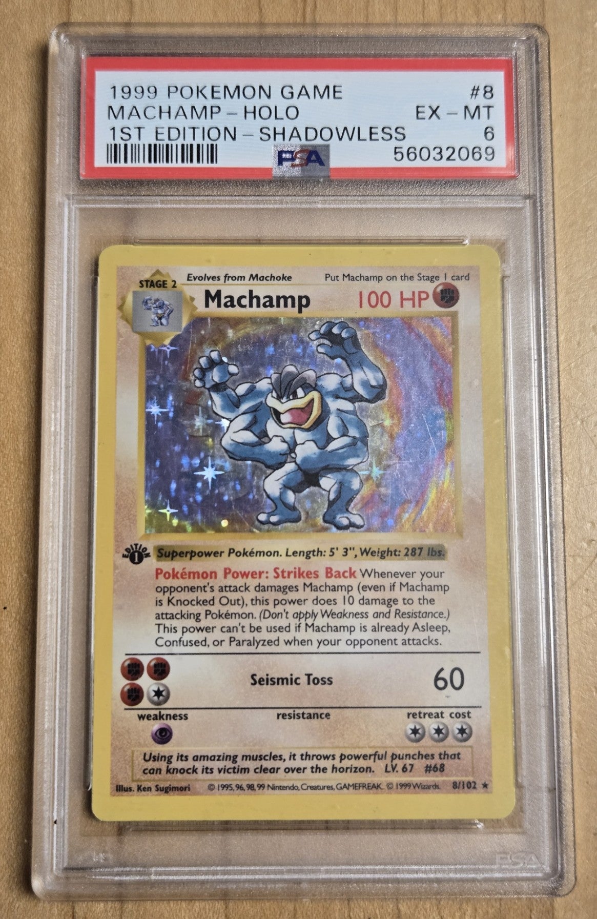 Pokemon Machamp # 8 Base Set Shadowless 1st Ed. Graded PSA 6
