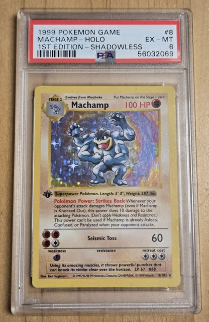 Pokemon Machamp # 8 Base Set Shadowless 1st Ed. Graded PSA 6
