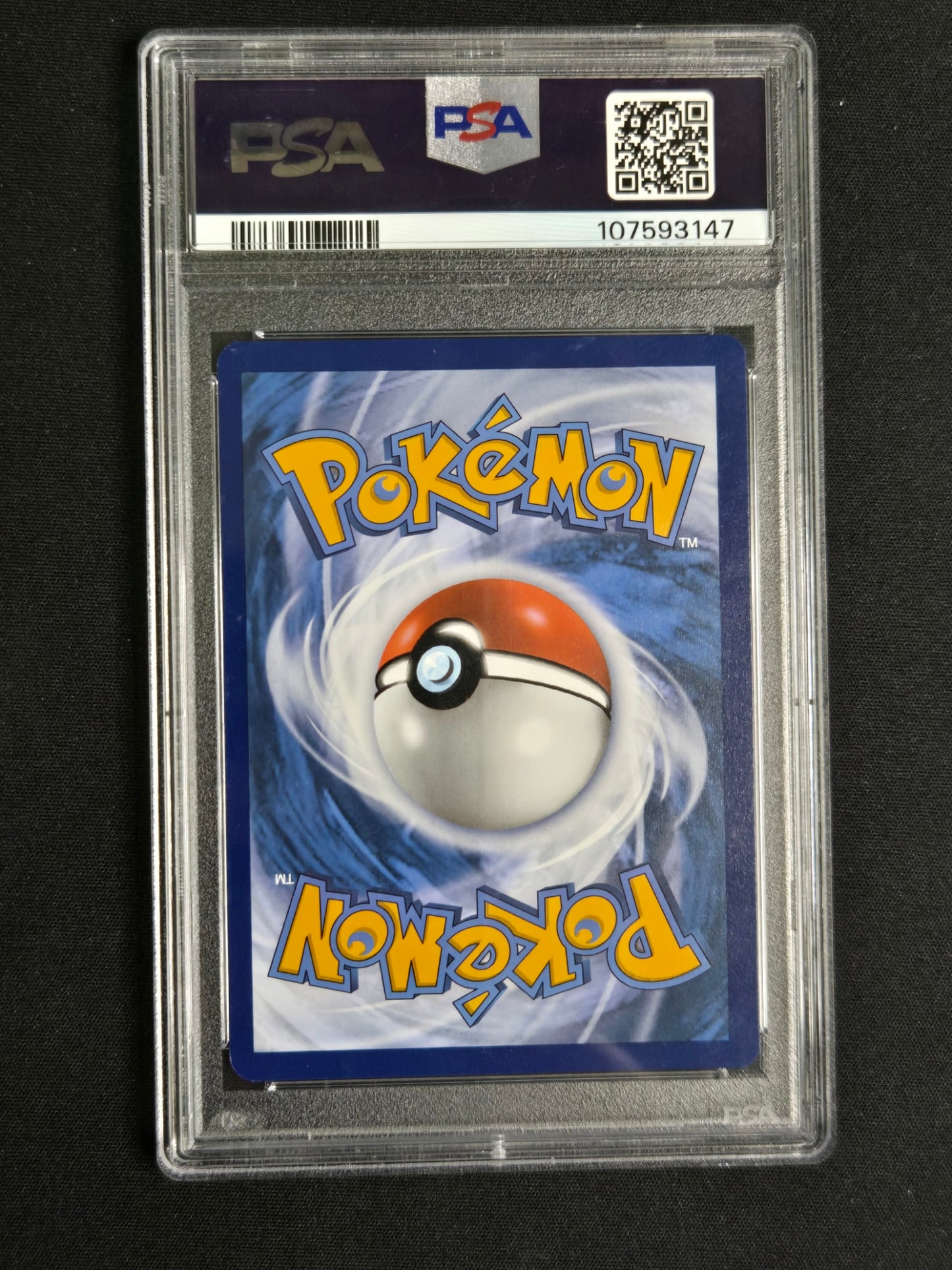 A graded PSA Pokémon card featuring a blue card back with the Pokémon logo and a red-and-white ball illustration, sealed in a clear PSA slab against a black background.