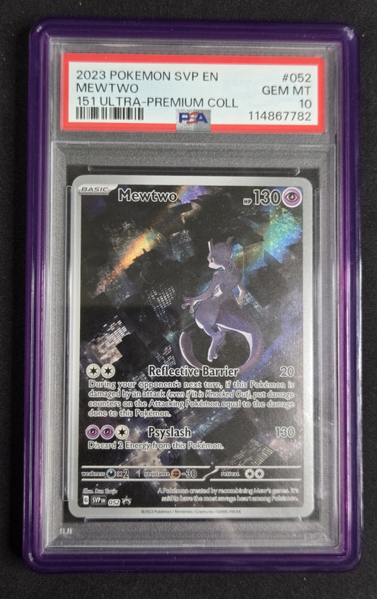 A graded holographic Mewtwo Pokémon card from 2023, encapsulated in a purple PSA holder. The card is graded GEM MT 10 by PSA.