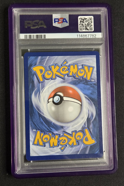 A PSA graded Pokémon card in a purple PSA slab, featuring the blue card back with the yellow Pokémon logo and a red-and-white Pokémon Ball in the center.