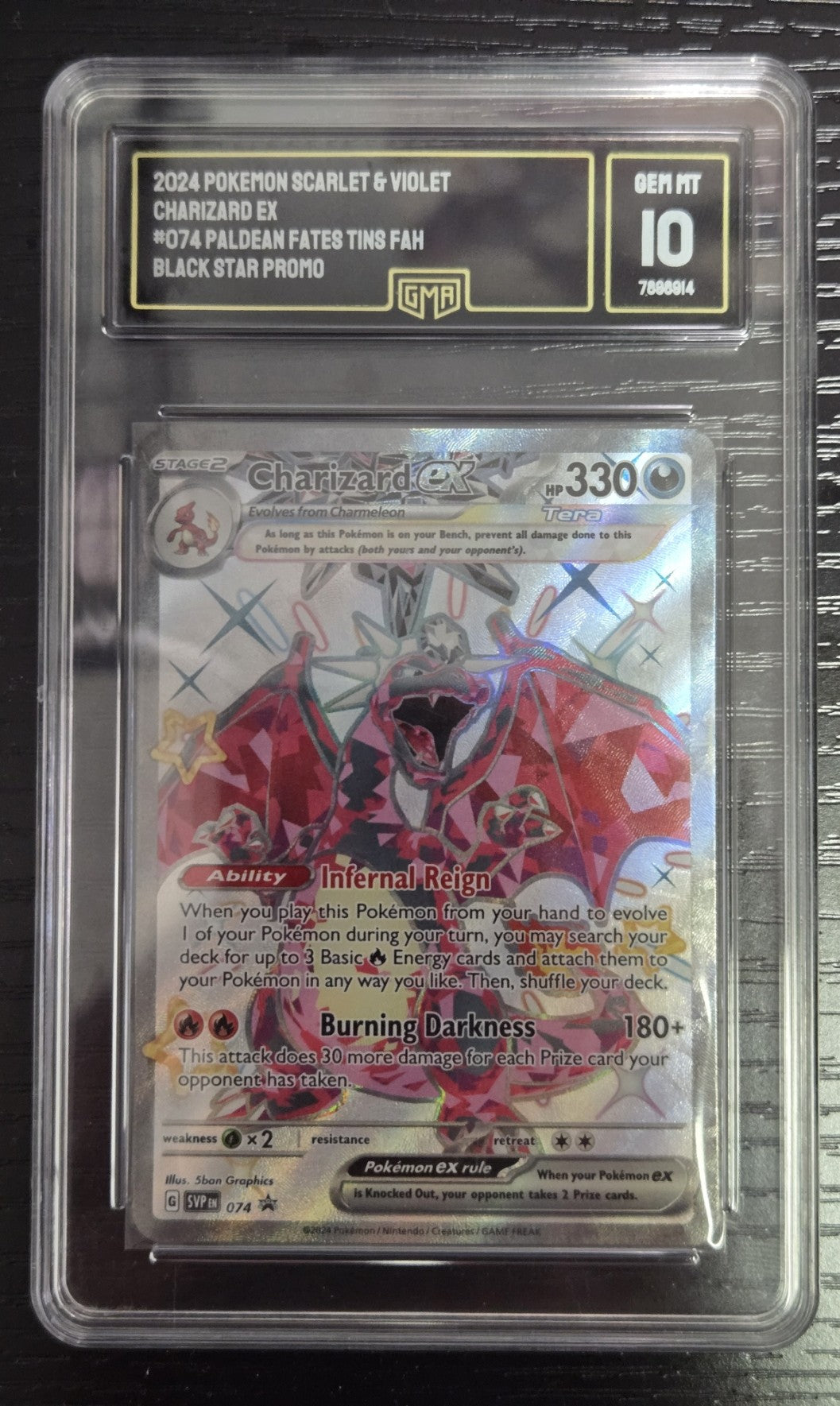 A graded Charizard EX holographic Pokémon Scarlet & Violet trading card inside a clear PSA-style slab, with a black/gold grading label at the top and a dark textured background around the slab.