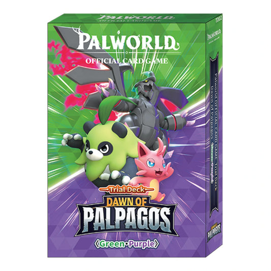 A boxed card game product titled Palworld: Dawn of Palpagos, shown at a slight angle against a plain white background. The box art features green and pink Palpagos characters with dark gray creatures behind them on a green-to-purple graphic background.
