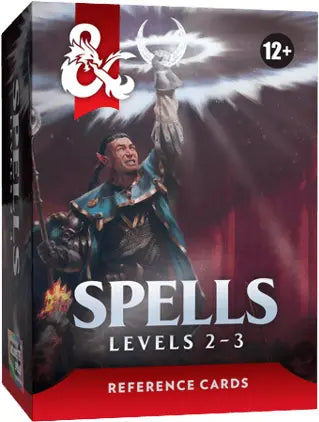 Front and side view of the Dungeons & Dragons 5th Edition 'Spells Levels 2-3' Reference Cards box. The box art features a fantasy elf wizard raising his hand, with a red and black color scheme and white text.
