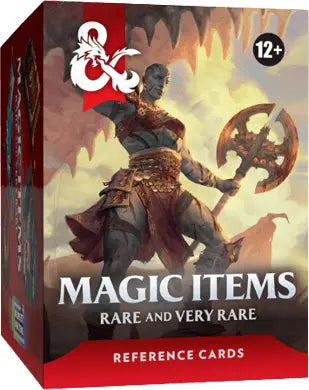 Boxed reference card product titled "MAGIC ITEMS RARE AND VERY RARE REFERENCE CARDS" with a fantasy warrior illustration on the front, an ampersand logo, and a 12+ badge.
