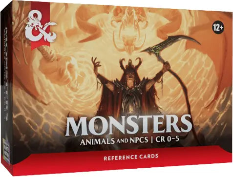 Fictional reference card box for Dungeons & Dragons 5th Edition, titled 'Monsters: Animals and NPCs | CR 0-5'. The box features fantasy artwork of a horned demon holding a scythe, with a red bottom banner and the Dungeons & Dragons ampersand logo in the top-left corner.