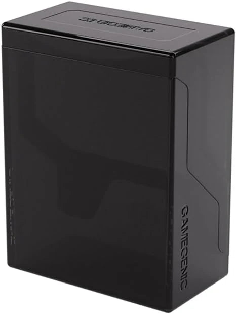 A black translucent acrylic card box with a glossy finish, featuring the Gamegenic brand name printed vertically on the side and horizontally on the top lid.