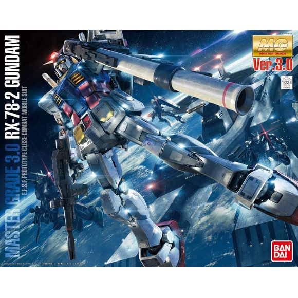 Model kit of a robot with text and branding on a blue background