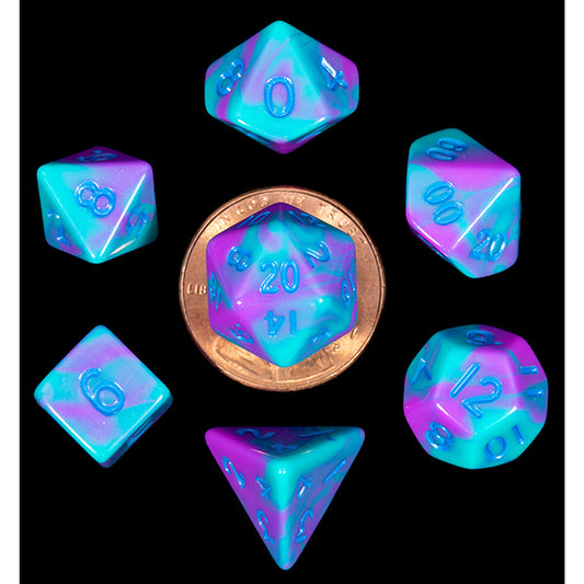 Mini Polyhedral Dice Set: Purple / Teal with Blue Numbers