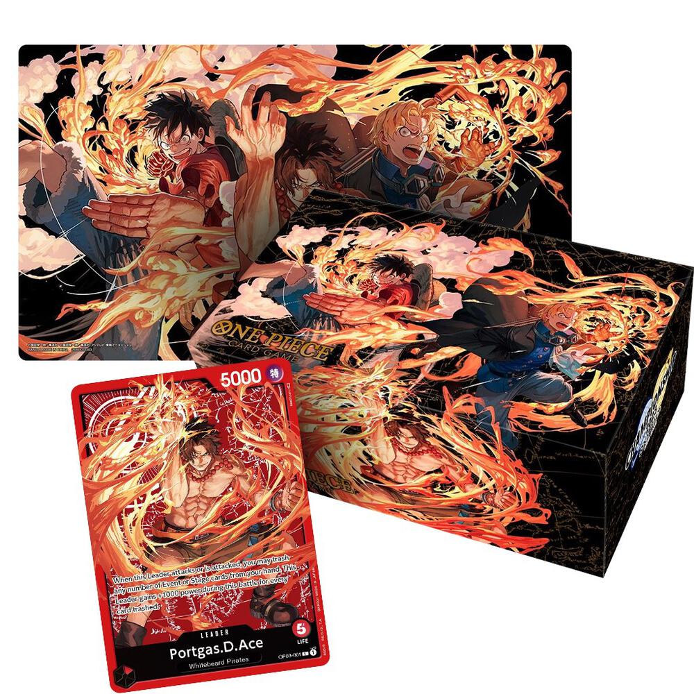 Card and box set featuring an anime character with fiery effects, 'One Piece' branding.