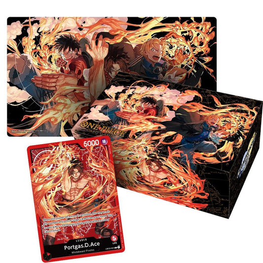 Card and box set featuring an anime character with fiery effects, 'One Piece' branding.