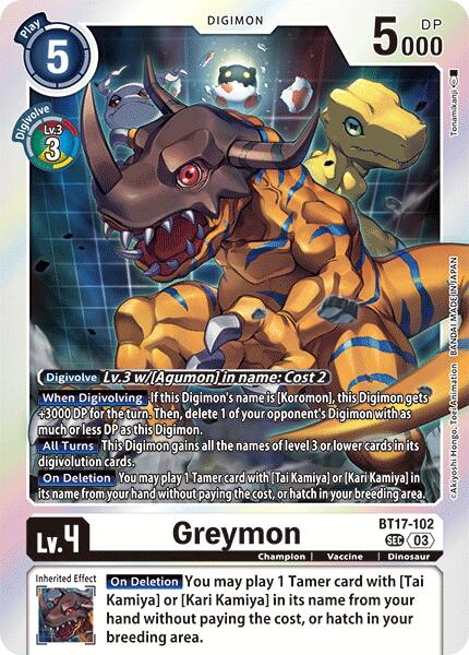 digimon card secret rare BT17-102 Greymon : Secret Rare Foil Alternative Art : AD01: Advanced Booster Digimon Generation