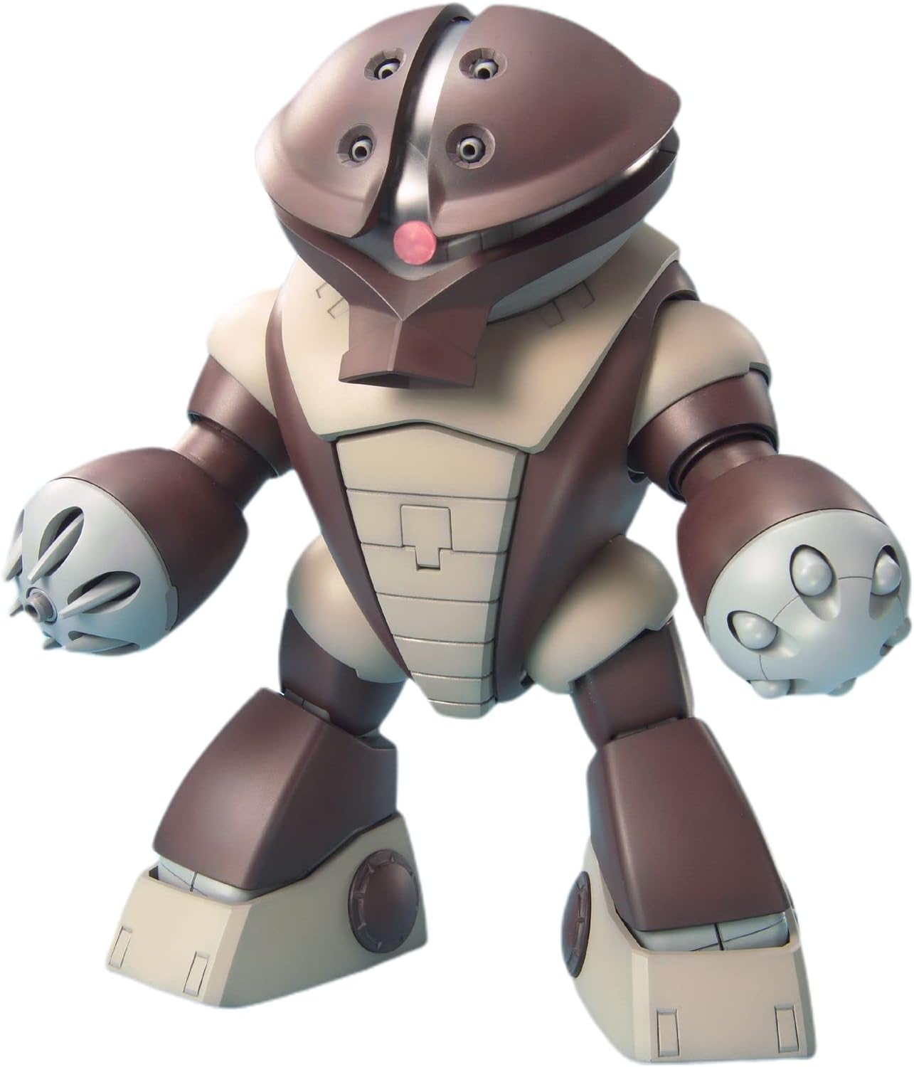 Toy robot figure with brown and beige color scheme on a white background
