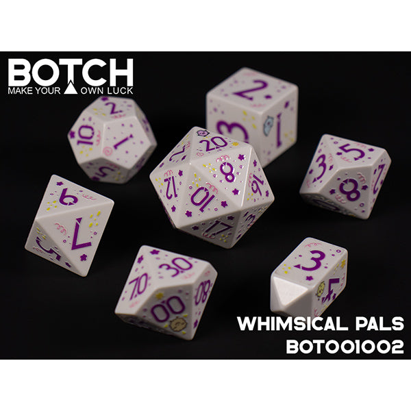 Set of dice with purple and pink numbers on a black background, featuring the brand 'BOTCH'.