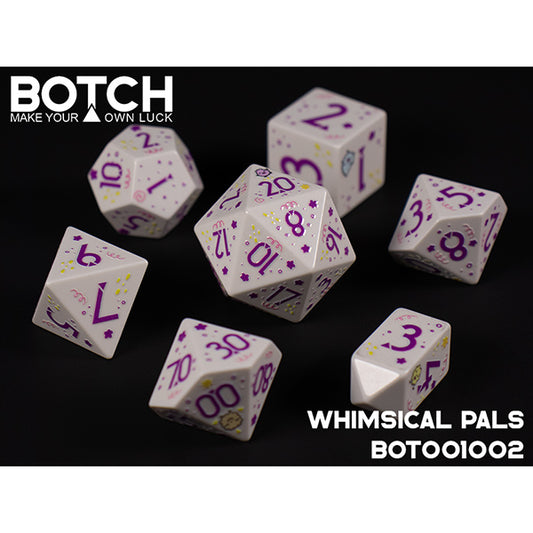 Set of dice with purple and pink numbers on a black background, featuring the brand 'BOTCH'.