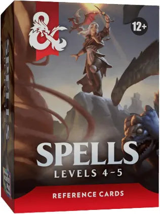 Front and side view of a boxed card product titled "Spells Levels 4-5 Reference Cards" with an RPG-style fantasy illustration, an &R&D logo, and a 12+ badge on a dark background.