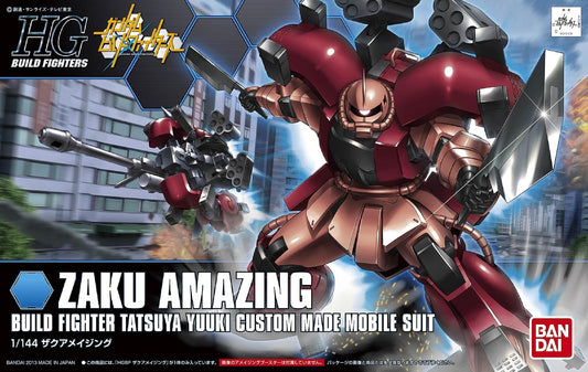 Box art for a Bandai HG Build Fighters model kit featuring Zaku Amazing, a red and bronze mobile suit, with a smaller red and black variant in the background against a blue-toned cityscape.
