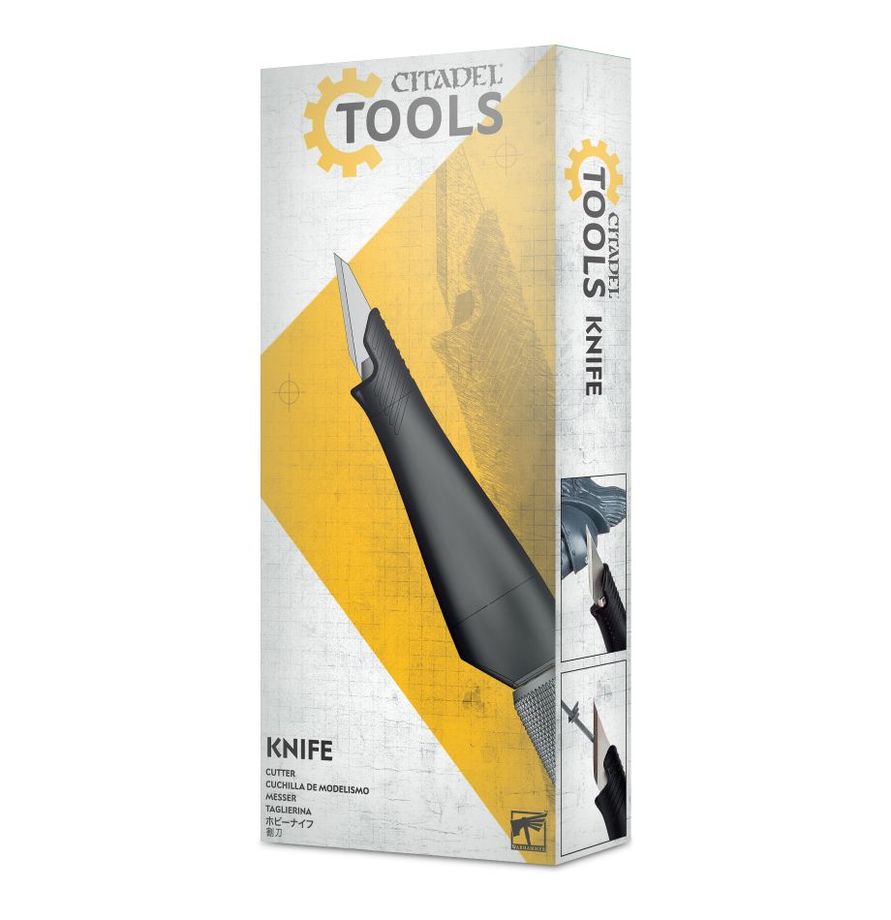 Box of Citadel Tools knife with yellow and white design