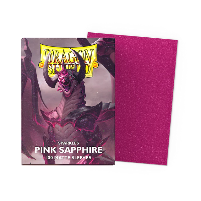 Dragon Shield pink sapphire card sleeves with packaging on a white background