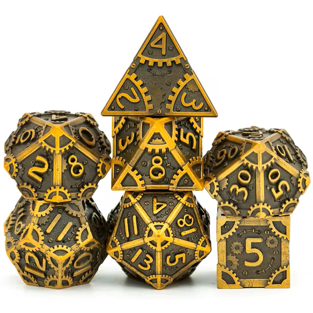 Metal Steampunk Style 7 Piece Polyhedral Dice Set With Bag