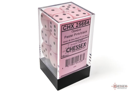 Chessex Opaque 16mm d6 Pastel Pink / black Dice Block(12 dice)
