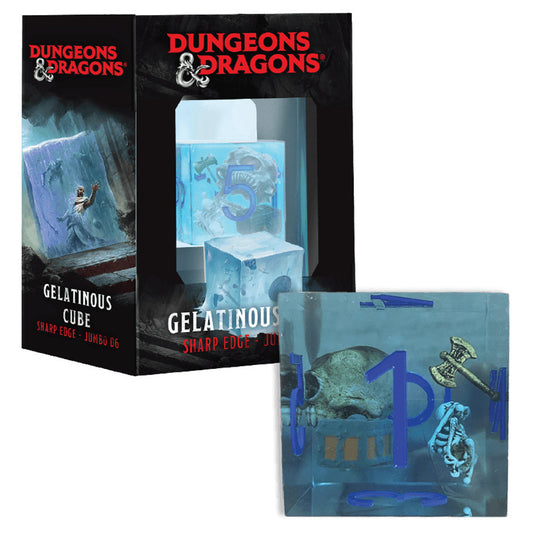 Dungeons & Dragons Gelatinous Cube set shown with its retail box and the assembled translucent blue cube containing miniature fantasy accessories like a skull, axe, and bones.