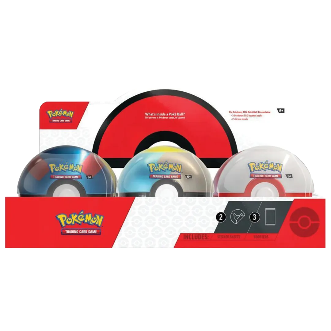 Pokémon trading card game packaging with three round transparent metal pokemon containers.