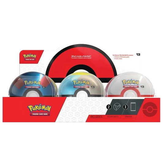 Pokémon trading card game packaging with three round transparent metal pokemon containers.