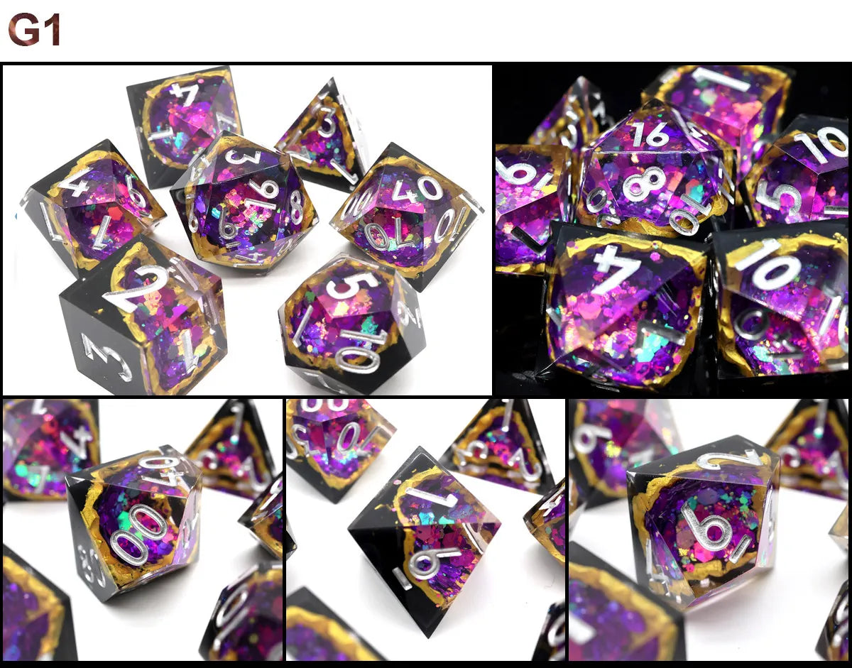 Resin Sharp Edged Themed 7 Piece Polyhedral Dice Set