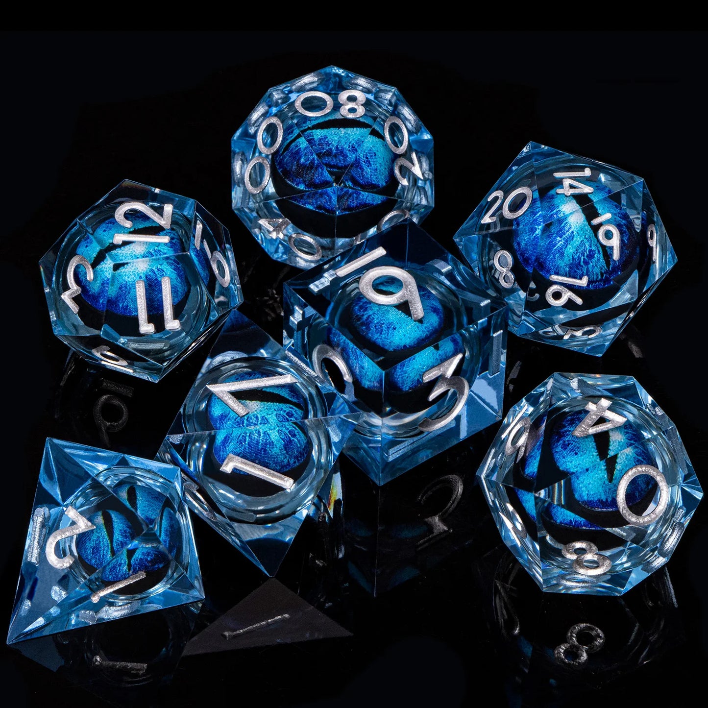 7 Piece Handcrafted Sharp Edged Dice Set With Liquid Core Eyeball